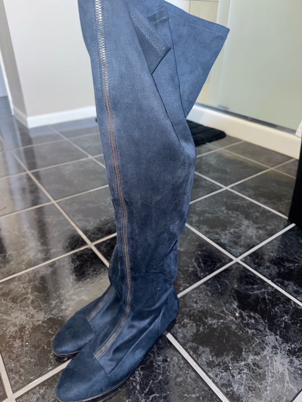 Tall Navy Suede Knee-High Boots with Stitch Detail